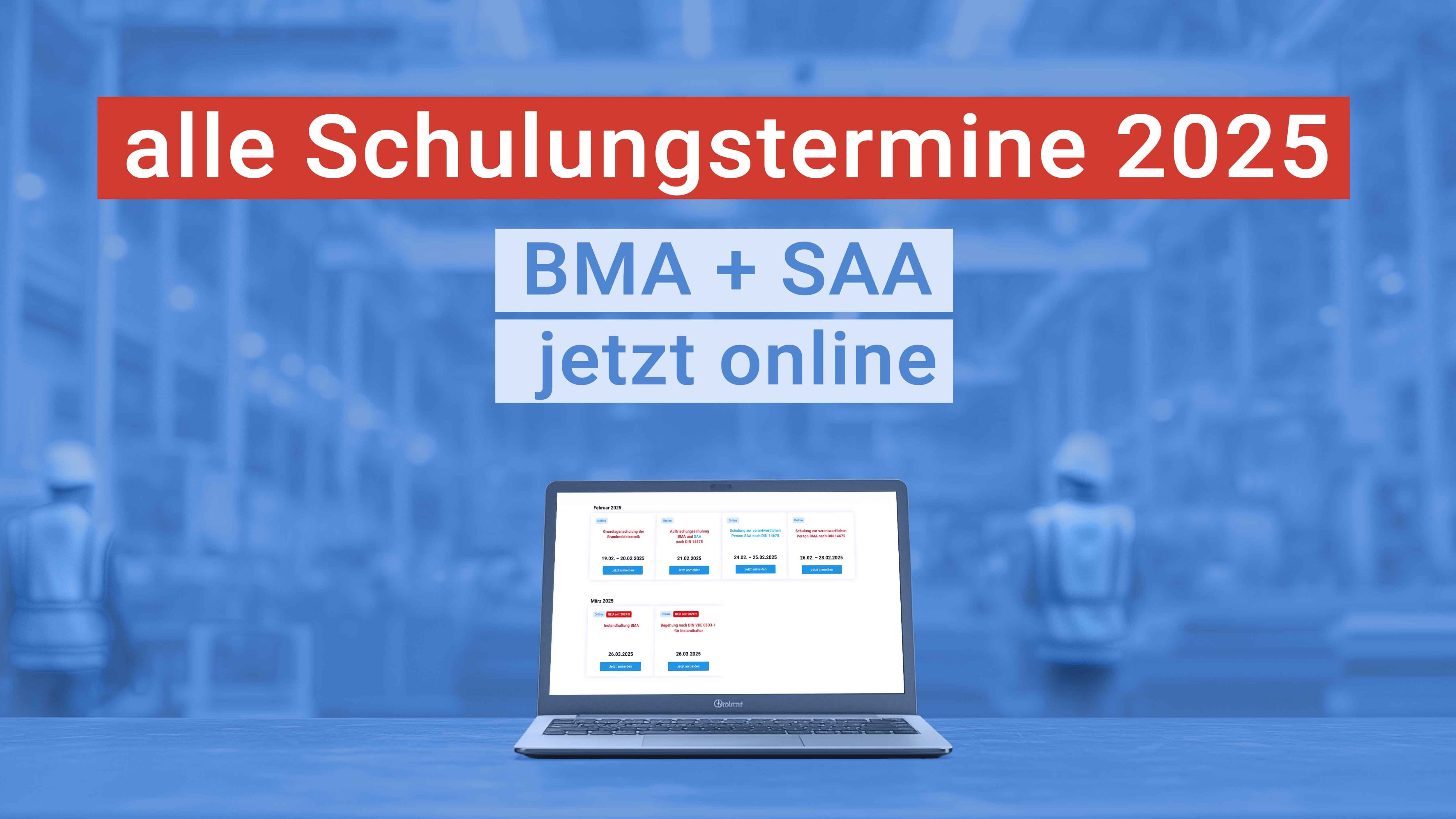 Unser Seminarkalender 2025 ist jetzt online. Wir bieten Schulungen zur DIN 14675 BMA und SAA an und weitere Schulungen rund um das Thema Brandschutz.